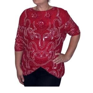 Vintage S&N Fashions 100% Silk Sequin Red Blouse Made In India No Size Tag